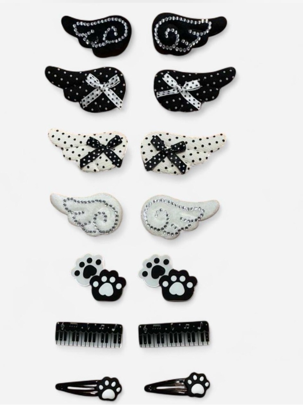 Cute Black & White Wing, Paw & Piano Hair Clip Set